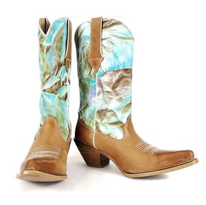 DURANGO Boots Sz 8 Stitched Full Leather Western Turquoise Blue Tan White